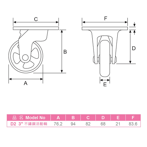 D02  3" STAINLESS STEEL SWIVEL CASTERS