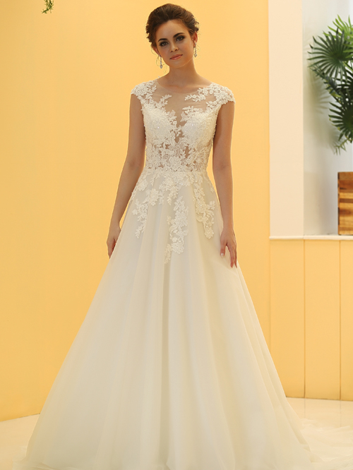 3323 A LINE SABRINA NECKLINE CAP SLEEVE