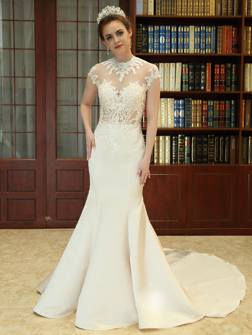 8335 TRUMPET JEWEL NECKLINE CAP SLEEVE