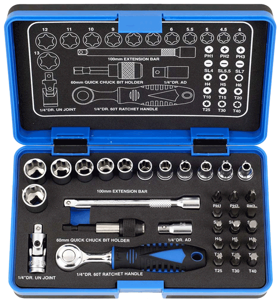 32PCS-1/4” DR.60T STUBBY RATCHET SUPER  LOCK SOCKET AND BIT SET