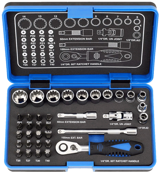 36PC-1/4” DR.60T STUBBY RATCHET SPLINE SOCKET AND BIT SET